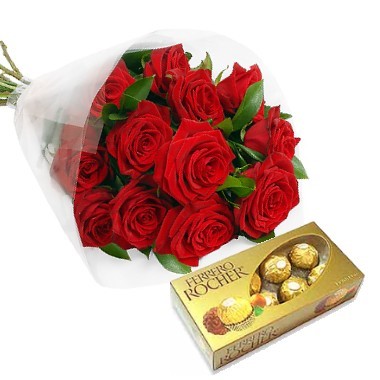 One dozen roses bouquet and a chocolates box