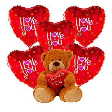 Valentine's arrangement of ballons with a teddy bear