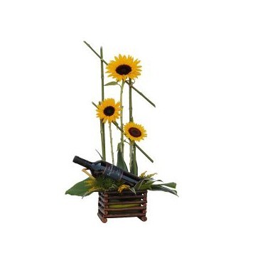 Three sunflowers and wine