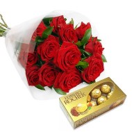 One dozen roses bouquet and a chocolates box